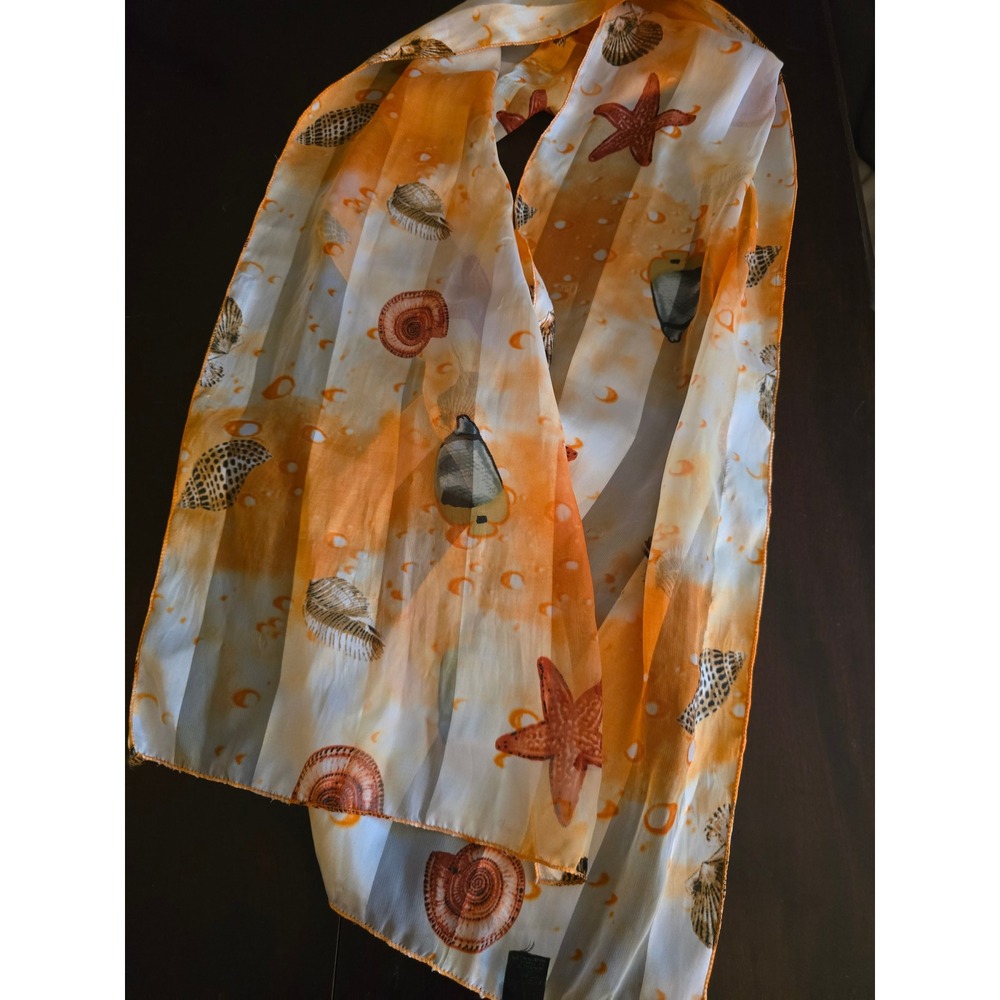 Nautical Sea Life Scarf Orange White Starfish Shells Fish Sheer Lightweight Wrap